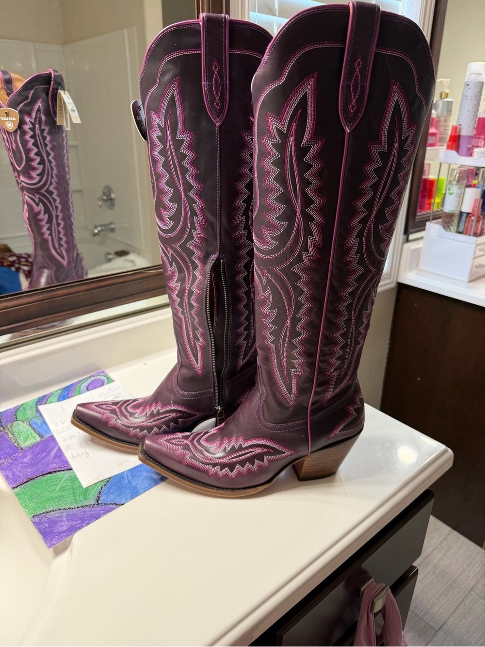 Ariat Casanova Deep Amethyst Western Knee-High Boots with Pink Stitching - Picture 4 of 6